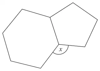 A regular hexagon and a regular pentagon sharing one side; the angle x is marked at a common vertex, outside both shapes