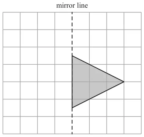 Square grid with a vertical dashed mirror line and a shaded triangle to the right of it with one side on the mirror line
