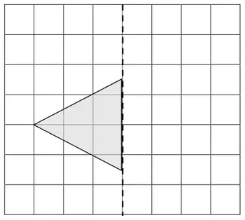 Mark scheme diagram: the triangle reflected in the mirror line, drawn to the left of the line