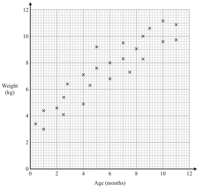 Scatter graph with Age (months) from 0 to 12 on the horizontal axis and Weight (kg) from 0 to 12 on the vertical axis; the points rise from about (0.4, 3.4) to about (11, 10.9)