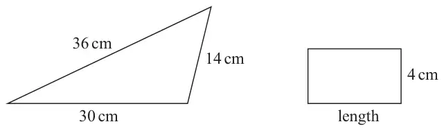 A triangle with sides 36 cm, 14 cm and 30 cm, and a rectangle with width 4 cm and the other side labelled length