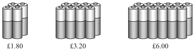 Pictures of a pack of 4 batteries labelled £1.80, a pack of 8 batteries labelled £3.20 and a pack of 12 batteries labelled £6.00