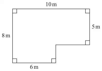 L-shaped floor plan: top side 10 m, left side 8 m, bottom side 6 m, right side 5 m, with all corners right angles
