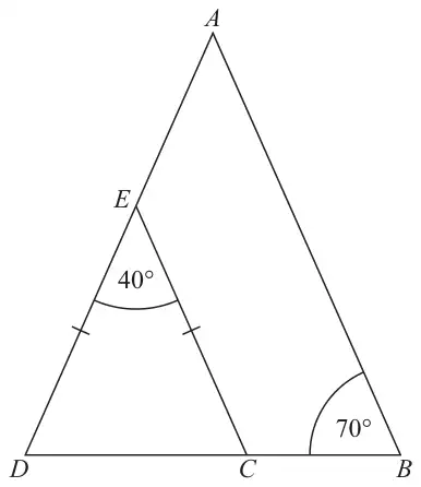 Triangle ABD with E on AD and C on DB. ED = EC (marked). Angle DEC = 40 degrees, angle ABC = 70 degrees