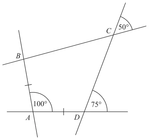 Quadrilateral ABCD with sides extended. Angle 100 degrees at A inside the quadrilateral, an angle of 50 degrees at C between the extended lines (vertically opposite angle BCD), and an angle of 75 degrees at D outside the quadrilateral on the straight line through A and D. AB and AD are marked equal