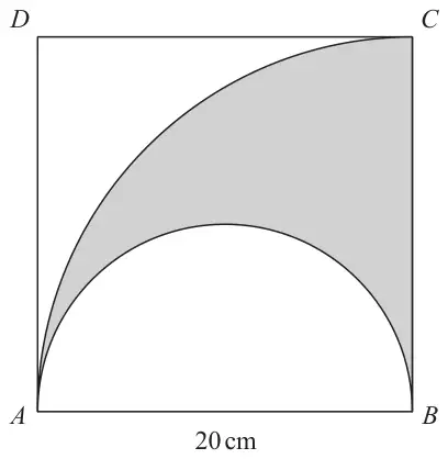 Square ABCD with AB = 20 cm along the bottom. A semicircle on AB inside the square and a quarter-circle arc from A to C with centre B. The region between the arc and the semicircle is shaded