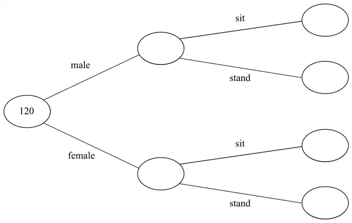 Frequency tree: 120 branches to male and female, each branching to sit and stand, with empty ovals