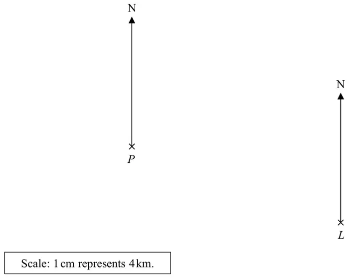 Accurate scale drawing showing port P and lighthouse L, each with a North line. Scale: 1 cm represents 4 km