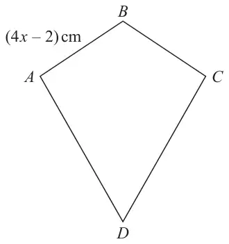 Kite ABCD with B at the top, A on the left, C on the right and D at the bottom; side AB is labelled (4x minus 2) cm