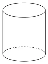 A 3-D shape with a circular top and a circular base joined by two vertical straight sides, with the hidden back edge of the base shown dashed