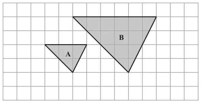 Square grid with triangle A, top side 3 squares long, and triangle B, top side 6 squares long