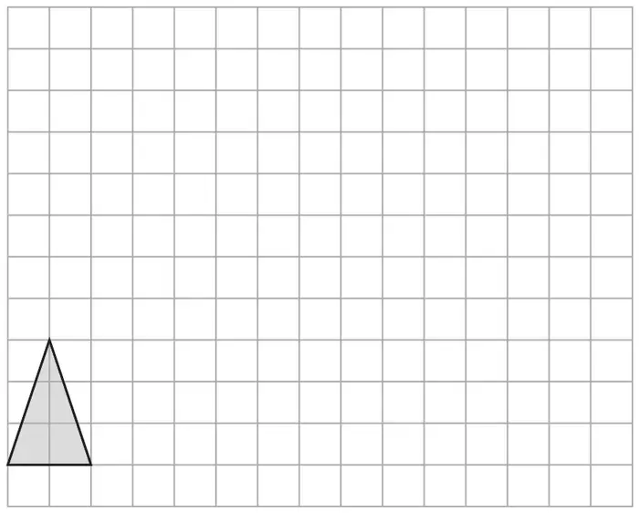 Centimetre grid with a shaded isosceles triangle of base 2 squares and height 3 squares in the bottom left corner