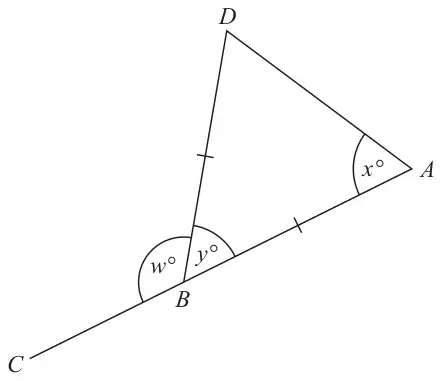 Isosceles triangle ABD with BA = BD marked; angle DAB is x degrees, angle ABD is y degrees; ABC is a straight line and angle DBC is w degrees
