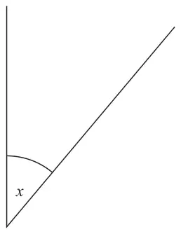 Two lines meeting at a point, one vertical, with the acute angle x marked between them