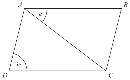 Parallelogram ABCD with diagonal AC; angle BAC is marked e and angle ADC is marked 3e