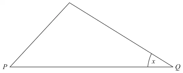 Triangle with base PQ and an angle x marked at Q
