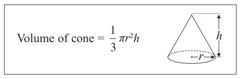 Box showing Volume of cone = one third pi r squared h, with a sketch of a cone of base radius r and height h