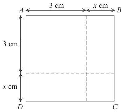 Square ABCD divided by dashed lines; along the top AB the lengths are 3 cm then x cm, and down the side AD the lengths are 3 cm then x cm