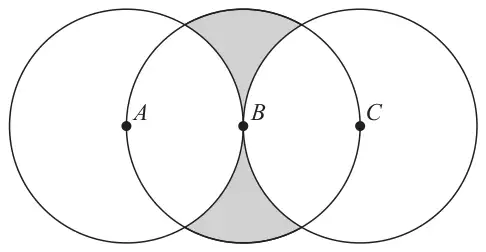 Three circles of radius 4 cm with centres A, B and C on a horizontal line; the two regions of the middle circle outside the other two circles, at the top and bottom, are shaded