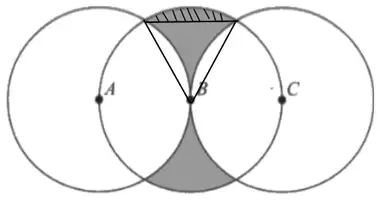 Mark scheme diagram: equilateral triangle with apex B and the two upper points where the circles meet; the segment above the triangle is hatched