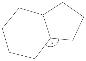 A regular hexagon and a regular pentagon sharing a side; the angle x is marked at the lower shared vertex, outside both shapes