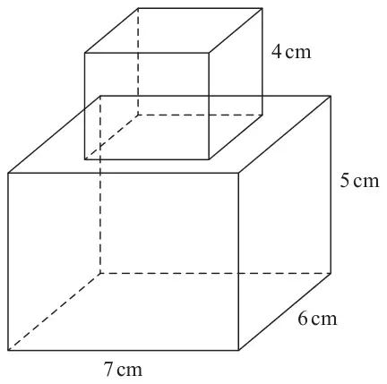 A cube of edge 4 cm standing on top of a cuboid 7 cm by 6 cm by 5 cm high