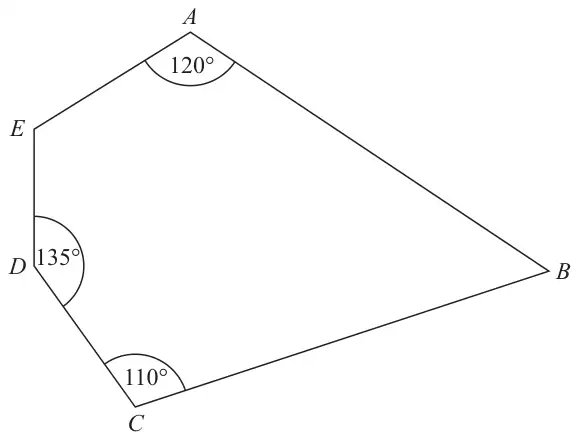 Pentagon ABCDE with angle EAB = 120°, angle BCD = 110° and angle CDE = 135°