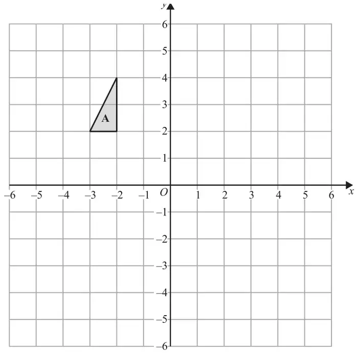 Grid with x and y from -6 to 6; triangle A with vertices (-3, 2), (-2, 2) and (-2, 4)