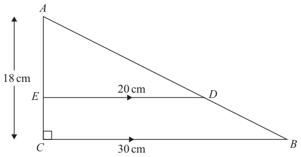 Right-angled triangle ABC with the right angle at C; E on AC and D on AB with ED parallel to CB; AC = 18 cm, ED = 20 cm, CB = 30 cm