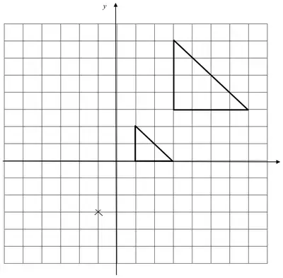 Mark scheme diagram: the original triangle and the enlarged triangle with vertices (1, 0), (3, 0) and (1, 2), with the centre (-1, -3) marked