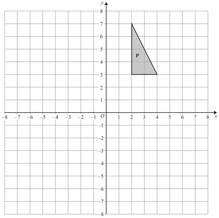 Grid with x and y from -8 to 8 showing triangle P with vertices (2, 3), (4, 3) and (2, 7)