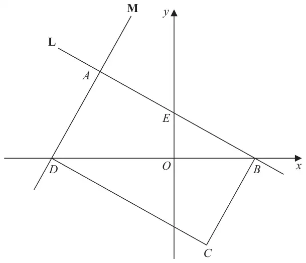 Rectangle ABCD on coordinate axes. Line L passes through A, E on the y-axis and B on the x-axis. Line M passes through A and D, with D on the negative x-axis. C is below the x-axis