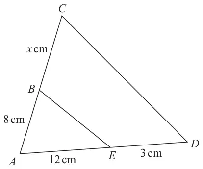 Triangle ACD with B on AC and E on AD, so that triangle ABE is inside triangle ACD. AB = 8 cm, BC = x cm, AE = 12 cm and ED = 3 cm