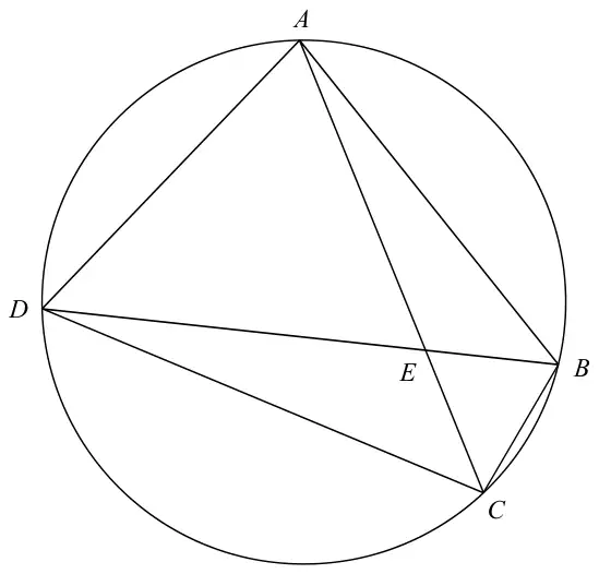 Circle with points A, B, C and D on it; chords AD, AB, AC, DB, DC and BC drawn; AC and DB cross at E