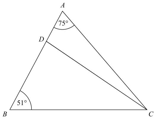 Triangle ABC with angle A = 75 degrees and angle B = 51 degrees; D is a point on AB joined to C