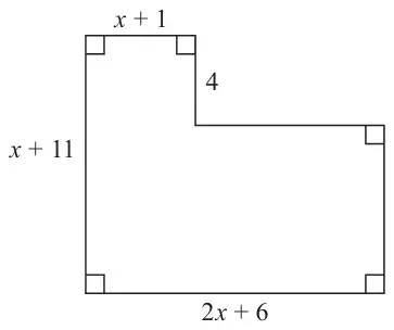L-shaped figure with all right angles: left side x + 11, bottom 2x + 6, top x + 1, and a step down of 4 from the top edge to the right-hand part