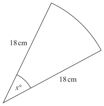 Sector with two radii of 18 cm and angle x degrees at the centre