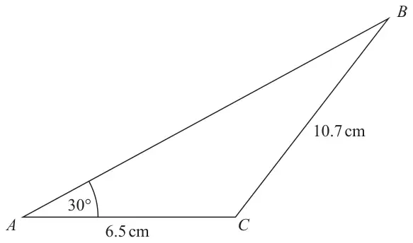 Triangle ABC with AC = 6.5 cm, BC = 10.7 cm and angle BAC = 30 degrees