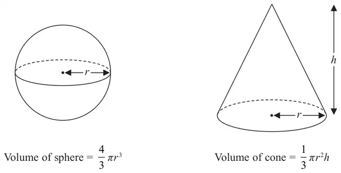 Sphere of radius r and cone of base radius r and perpendicular height h. Volume of sphere = four thirds pi r cubed. Volume of cone = one third pi r squared h