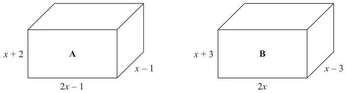 Cuboid A with edges x + 2, 2x − 1 and x − 1; cuboid B with edges x + 3, 2x and x − 3
