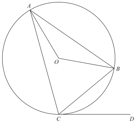 Circle with centre O and points A, B and C on the circle; lines AB, AC, BC, OA and OB drawn; CD is a line from C