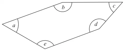 Pentagon with interior angles labelled a, b, c, d and e