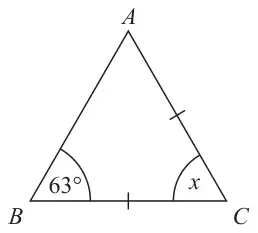 Triangle ABC with AC equal to BC, angle B = 63 degrees and angle x at C