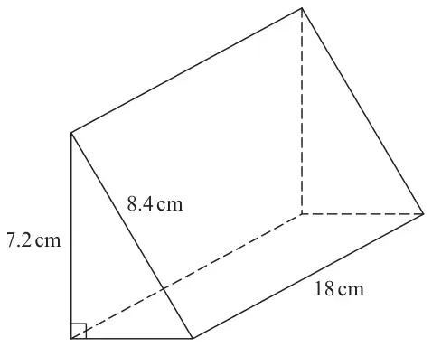 Triangular prism of length 18 cm. The cross-section is a right-angled triangle with vertical side 7.2 cm and hypotenuse 8.4 cm
