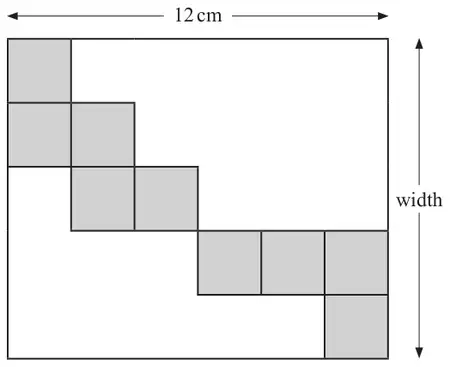 A rectangle of length 12 cm containing nine identical shaded squares in a staircase pattern: 6 squares fit along the length and 5 squares fit down the width
