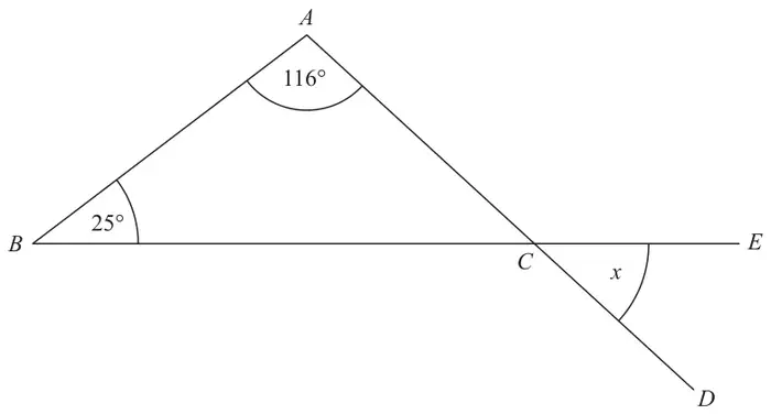 Triangle ABC with angle A = 116 degrees and angle B = 25 degrees; BC is extended to E and AC is extended to D; angle x is angle DCE