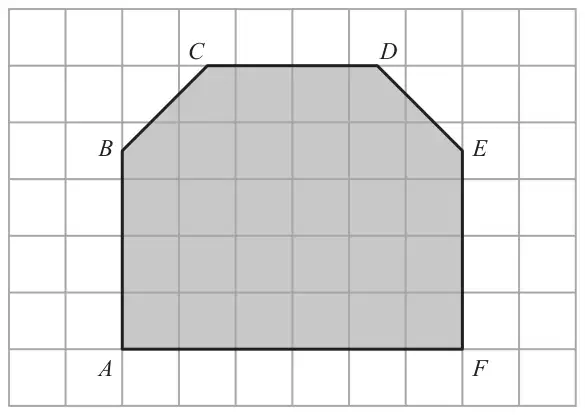 Shaded hexagon ABCDEF on a square grid: AF is the horizontal base, AB and FE are vertical sides, BC and DE are sloping edges and CD is horizontal at the top