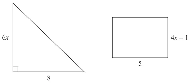 A right-angled triangle with height 6x and base 8, and a rectangle with width 5 and height 4x - 1