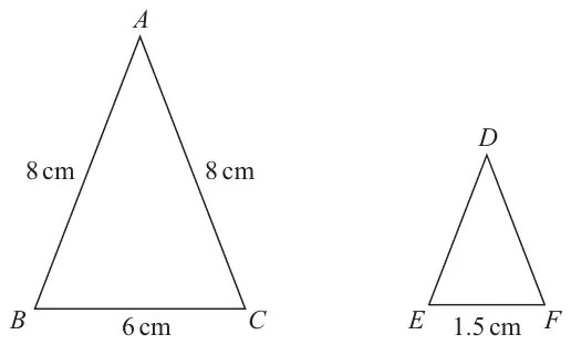 Isosceles triangle ABC with AB = AC = 8 cm and BC = 6 cm; smaller isosceles triangle DEF with EF = 1.5 cm