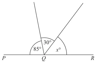 Straight line PQR with two lines from Q above it, making angles of 85 degrees (next to P), 30 degrees and x degrees (next to R)